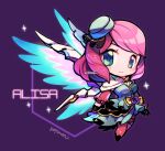  1girl alisa_boskonovich blue_dress blue_eyes blush character_name chibi dress eyelashes flower full_body hat kotorai long_sleeves looking_at_viewer mechanical_wings mini_hat no_nose pink_footwear pink_hair purple_background purple_flower purple_rose rose signature smile solo sparkle tekken tekken_8 wings 