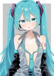 1girl :o bare_shoulders black_sleeves blue_eyes blue_hair blue_necktie breasts collarbone collared_shirt commentary detached_sleeves grey_background grey_shirt hair_between_eyes hatsune_miku highres long_hair loose_necktie maud0239 necktie open_mouth shirt sleeveless sleeveless_shirt small_breasts solo twintails upper_body vocaloid 