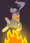 anthro black_hair bound burning butt butt_on_fire collar fire fur grey_body grey_fur hair hi_res in_peril jineko_(artist) jineko_(character) male multicolored_body multicolored_fur pain rope solo tail two_tone_body two_tone_fur