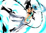  1boy abs absurdres alternate_form animal_ears animal_feet arrancar bleach bleach:_brave_souls blue_eyes blue_fire blue_hair blue_sclera clawed_feet claws collarbone colored_sclera commentary commission dynamic_pose english_commentary evil_grin evil_smile eyeshadow fangs fiery_tail fire floating floating_hair full_body glowing_scar grimmjow_jaegerjaquez grin hair_between_eyes highres hogyoku_(bleach) hollow_(bleach) incoming_attack jaguar_ears jaguar_print ken&#039;ichi_(ken1ro_u) leg_blade long_hair makeup male_focus monster_boy multicolored_hair multiple_tails navel outstretched_arm pointy_ears reaching reaching_towards_viewer resurreccion scar second-party_source skeb_commission smile tail topless_male two-tone_hair two_tails white_background 