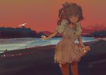  1girl absurdres bay beach blush bow bowtie brown_hair cevio closed_eyes closed_mouth commentary_request diffraction_spikes dress evening facing_viewer feet_out_of_frame hair_bun highres kabuyama_kaigi leaning_forward lighthouse long_hair outdoors pink_sky puffy_short_sleeves puffy_sleeves satou_sasara short_dress short_sleeves side_ponytail single_side_bun skirt_hold sky smile solo standing white_bow white_bowtie white_dress 