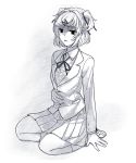  1girl collared_shirt doki_doki_literature_club empty_eyes greyscale hair_ornament hair_ribbon hairclip hand_on_own_stomach jacket long_sleeves midair_(rkgkefr) monochrome natsuki_(doki_doki_literature_club) parted_lips pleated_skirt ribbon school_uniform shaded_face shirt short_hair simple_background sitting skirt solo two_side_up 