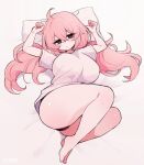  1girl ahoge arms_up barefoot bed bed_sheet blush breasts brown_eyes clarevoir closed_mouth depressed empty_eyes highres huge_breasts lying messy_hair on_bed original pillow shirt sidelocks simple_background solo thick_thighs thighs twintails white_background white_shirt 