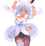  1girl animal_ear_fluff animal_ears black_gloves black_pantyhose blue_hair blue_ribbon braid breasts carrot_hair_ornament cleavage cowboy_shot dress food-themed_hair_ornament fur_trim gloves hair_ornament hands_up hololive long_hair looking_at_viewer medium_breasts pantyhose puffy_short_sleeves puffy_sleeves purple_eyes rabbit_ears rabbit_girl ribbon short_sleeves simple_background solo twin_braids usada_pekora usada_pekora_(1st_costume) virtual_youtuber white_background white_dress yuuki_(irodo_rhythm) 