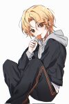  1boy black_jacket black_pants blonde_hair candy earrings food food_in_mouth grey_hoodie highres holding holding_candy holding_food holding_lollipop hood hood_down hoodie jacket jewelry jiri_(jirijiri_418) lollipop long_sleeves looking_at_viewer male_focus orange_eyes orange_hair pants project_sekai shinonome_akito solo 