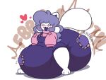 &lt;3 anthro arms_in_sleeves big_diaper big_tail blort blush clothing diaper eyes_closed feces female fur hair hi_res messy_diaper overalls pooping purple_hair red_heart rosycozy scat soiled_diaper soiling soiling_diaper solo sound_effects standing tail tem temmie_(undertale) tongue tongue_out torn_clothing undertale undertale_(series) white_body white_fur