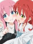  2girls alternate_costume blue_eyes blush bocchi_the_rock! cheek-to-cheek gotoh_hitori green_eyes grin heads_together highres hug kita_ikuyo long_hair multiple_girls open_mouth pink_hair red_hair smile ta4831 