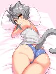  1girl animal_ears ass bed blue_panties camisole cat_ears cat_girl cat_tail closed_mouth commentary cougar_(cougar1404) crotch_seam from_above grey_hair light_frown looking_at_viewer looking_back lying on_stomach original panties pillow polka_dot polka_dot_panties short_hair skindentation solo tail underwear underwear_only white_camisole yellow_eyes 