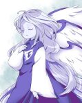  1girl blue_dress blue_skin closed_eyes collared_dress colored_skin dress feathered_wings hand_on_own_chest hand_up long_hair long_sleeves multiple_wings nonamejd official_style open_mouth sariel_(touhou) solo touhou touhou_(pc-98) very_long_hair white_hair white_wings wide_sleeves wings zun_(style) 