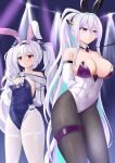  2girls absurdres animal_ear_hairband animal_ears aqua_pupils arms_behind_back azur_lane bare_shoulders blue_leotard breasts cleavage covered_navel crossed_bangs detached_collar elbow_gloves fake_animal_ears fake_tail fishnet_pantyhose fishnets gloves hair_between_eyes highleg highleg_leotard highres kearsarge_(all_night_charge)_(azur_lane) kearsarge_(azur_lane) laffey_(azur_lane) laffey_ii_(azur_lane) laffey_ii_(sleepy_on_a_busy_day)_(azur_lane) large_breasts leash leash_pull leotard long_hair looking_to_the_side multicolored_leotard multiple_girls official_alternate_costume panties pantyhose playboy_bunny ponytail purple_leotard rabbit_ears rabbit_o-ring rabbit_tail red_eyes small_breasts strapless strapless_leotard tail thigh_strap thighband_pantyhose twintails undersized_breast_cup underwear white_hair white_panties white_pantyhose zdj 