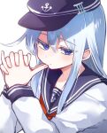  1girl anchor_symbol black_headwear black_sailor_collar blue_eyes flat_cap folded_ponytail grey_hair hat hibiki_(kancolle) highres kantai_collection katsuobushi_(eba_games) long_hair neckerchief own_hands_clasped own_hands_together red_neckerchief sailor_collar school_uniform serafuku simple_background solo upper_body white_background 