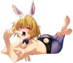  1girl alternate_breast_size animal_ear_fluff animal_ears ass barefoot black_bow black_bowtie blonde_hair bow bowtie breasts chuutaro_metal cleavage commentary_request food food_on_body food_on_breasts hand_on_own_arm higurashi_no_naku_koro_ni holding holding_food holding_popsicle houjou_satoko large_breasts lying open_mouth pantyhose playboy_bunny popsicle purple_eyes rabbit_ears rabbit_tail sexually_suggestive short_hair sideways simple_background soles solo sweat tail teeth white_background 