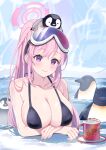  1girl animal animal_on_head bikini bird bird_on_head black_bikini blue_archive blush breasts cleavage closed_mouth collarbone cup day eimi_(blue_archive) eimi_(swimsuit)_(blue_archive) eyewear_on_head goggles goggles_on_head halo large_breasts long_hair official_alternate_costume on_head outdoors penguin pink_eyes pink_hair pink_halo ponytail shan_(ti0n) smile solo swimsuit water 