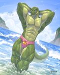 abs anthro biped bulge chorogon cloud day digital_drawing_(artwork) digital_media_(artwork) green_body hands_behind_head hi_res male multicolored_body muscular muscular_anthro muscular_male navel nipple_piercing nipples outside partially_submerged piercing scalie sea solo tail two_tone_body water