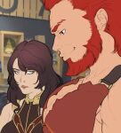  1boy 1girl bara beard black_hair blank_stare breast_envy facial_hair fate/grand_order fate_(series) from_side full_beard gigi_heart girl_staring_at_guys_chest_(meme) greco-roman_clothes half-closed_eyes hephaestion_(fate) iskandar_(fate) large_pectorals long_hair looking_at_another looking_at_pectorals looking_down meme muscular muscular_male pectoral_cleavage pectorals photo-referenced photo_background profile red_eyes red_hair thick_beard 