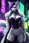 2:3 ai_generated anthro arctic_wolf artificial_intelligence aurana_lysander canid canine canis clothing coat corset female fluffy_coat green_eyes hair lingerie mammal neon_lights painting_(artwork) pinup pose punk purple_hair solo street topwear traditional_media_(artwork) watercolor_(artwork) white_clothing white_coat white_topwear wolf