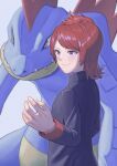  1boy absurdres blue_skin brown_eyes colored_skin feraligatr grey_background hand_up highres jacket kenchamanpoi male_focus pokemon pokemon_(creature) red_hair sharp_teeth silver_(pokemon) smile teeth 