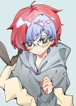  1girl :&lt; ahoge bag blue_hair closed_mouth glasses grey_eyes grey_hoodie highres hood hoodie long_sleeves maiiko9713 multicolored_hair penny_(pokemon) pokemon pokemon_sv red_hair round_eyewear short_hair simple_background solo triangle_mouth two-tone_hair white_background 