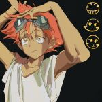  1girl androgynous black_background blush_stickers closed_mouth collarbone cowboy_bebop edward_wong_hau_pepelu_tivrusky_iv goggles goggles_on_head highres kagyuu_y looking_up messy_hair orange_hair reverse_trap shadow shirt short_hair smile solo upper_body white_shirt 