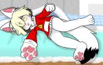 4_toes anthro bed bed_sheet bedding bedroom black_hair blonde_hair canid canine clothing feet fox fur furniture hair kemonoyao male mammal on_bed paws side_laying smile solo toes white_body white_fur yellow_eyes