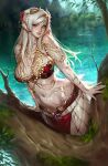  1girl aleriia_v artist_name bikini breasts brown_eyes hair_between_eyes highres horns jewelry large_breasts lips long_hair looking_at_viewer navel necklace original pelvic_curtain red_bikini scales smile solo swimsuit web_address wet white_hair 