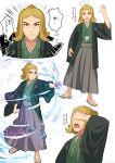  1boy absurdres alternate_costume blonde_hair clenched_hand closed_mouth commentary_request flipped_hair frown green_kimono hakama hakama_skirt hassel_(pokemon) highres holding_tera_orb jacket japanese_clothes kimono male_focus multiple_views notice_lines open_clothes open_jacket open_mouth orange_eyes outstretched_arm parted_bangs pokemon pokemon_sv ponytail reito_(lyra-yasao-0628) skirt tera_orb tongue translation_request 