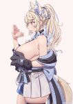  1girl animal_ear_fluff animal_ears animal_hands bare_shoulders blonde_hair blush breasts collar dog_ears dog_tail frills fuwawa_abyssgard fuwawa_abyssgard_(new_year) gloves hair_ornament highres hololive hololive_english kanachirou large_breasts long_hair paw_gloves pleated_skirt ponytail purple_eyes sideboob skirt solo tail thighhighs virtual_youtuber 