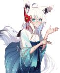  1girl absurdres ahoge animal_ear_fluff animal_ears aqua_eyes blue_hakama blue_kimono braid commentary_request dirty dirty_face dirty_hands earrings flower flower_knot fox_ears fox_girl gradient_kimono hair_between_eyes hair_flower hair_ornament hakama hakama_skirt high-waist_skirt highres hololive japanese_clothes jewelry kanzashi kimono long_hair obi pentagram red_flower sash shirakami_fubuki shirakami_fubuki_(new_year) side_braid sidelocks single_earring skirt solo ta_shiuji30 tassel tassel_hair_ornament very_long_hair virtual_youtuber white_background white_hair white_kimono 