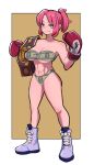  1girl amazu_(kurozu) bare_shoulders boots boxing boxing_gloves breasts brown_background championship_belt cleavage closed_mouth collarbone commentary commission cross-laced_footwear english_commentary fang fang_out full_body green_eyes hands_up highres lace-up_boots medium_breasts navel original parted_bangs pink_hair ponytail purple_footwear smile solo standing two-tone_background white_background 