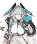  1girl aqua_eyes aqua_wings arknights between_breasts black_pantyhose black_tail breasts coat cowboy_shot dress feathered_wings grey_hair grin hair_between_eyes head_wings ho&#039;olheyak_(arknights) huangjin_shizi large_breasts long_sleeves multicolored_coat open_clothes open_coat pantyhose pencil_dress short_dress short_hair sidelocks smile snake_girl snake_tail solo strap_between_breasts tail two-tone_coat two-tone_wings unfinished white_background white_dress wings 