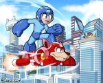 2024 building canid canine capcom city cloud day duo feral flying hi_res machine male mammal mega_man_(character) mega_man_(series) open_mouth open_smile robot rongs1234 rush_(mega_man) signature smile