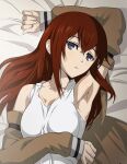  1girl armpits bed_sheet blue_eyes brown_coat coat from_above hair_between_eyes highres long_hair long_sleeves looking_at_viewer makise_kurisu ny0r0ny0r0 open_clothes open_coat parted_lips red_hair shirt sleeveless sleeveless_shirt sleeves_past_wrists steins;gate 