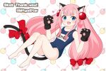  1girl :d animal_ear_fluff animal_ears animal_hands bare_legs bare_shoulders barefoot black_gloves blue_eyes blue_one-piece_swimsuit bombergirl bow cat_ears cat_girl cat_tail commentary_request commission fang full_body gloves hair_bow hands_up knees_up long_hair looking_at_viewer mitya momoko_(bombergirl) name_tag old_school_swimsuit one-piece_swimsuit paw_gloves pink_hair red_bow school_swimsuit sidelocks skeb_commission smile solo swimsuit tail tail_bow tail_ornament thank_you twintails twitter_username very_long_hair white_background 
