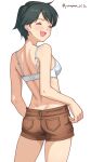  1girl ass black_hair bra bra_strap breasts brown_shorts from_above highres kantai_collection looking_to_the_side mogami_(kancolle) one-hour_drawing_challenge pocket short_hair shorts simple_background small_breasts smile solo twitter_username underwear white_background white_bra yamano_rita 
