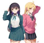  2girls absurdres alternate_costume arm_up black_hair blonde_hair bocchi_the_rock! chin_piercing ear_piercing enferverge green_eyes highres ijichi_seika jacket multiple_girls open_clothes open_jacket orange_eyes pa-san piercing school_uniform shirt sweater white_shirt 