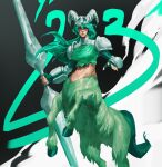  1girl absurdres arm_armor armor arrancar bleach body_fur bottomless breasts centaur closed_mouth facial_mark feet_out_of_frame fingerless_gloves fingernails gloves green_hair green_theme hair_between_eyes hieumay highres holding holding_polearm holding_weapon hooves horns lance large_breasts long_hair long_sleeves looking_at_viewer midriff nelliel_tu_odelschwanck number_background open_hand pauldrons polearm rearing shoulder_armor skull skull_on_head solo tail taur torn_clothes turtleneck two-tone_background weapon yellow_eyes 