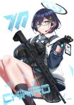  1girl absurdres ammunition_pouch assault_rifle black_gloves black_socks blue-framed_eyewear blue_archive blue_eyes blue_hair blue_necktie character_name chihiro_(blue_archive) closed_mouth collared_shirt commentary_request feet_out_of_frame glasses gloves gun h&amp;k_hk416 hair_ornament hairclip halo hand_up highres holding holding_weapon jacket letterman_jacket looking_at_viewer magazine_(weapon) medium_hair millennium_science_school_logo necktie open_clothes open_jacket plate_carrier pleated_skirt pouch rifle scope sekino_takehiro semi-rimless_eyewear shirt signature simple_background skirt socks solo tag trigger_discipline watch weapon white_background white_shirt wristwatch 