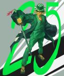  1boy absurdres arm_up bleach blonde_hair bucket_hat closed_mouth coat feet flipped_hair full_body geta green_pants green_shirt green_theme hair_between_eyes haori hat hieumay highres holding holding_sword holding_weapon japanese_clothes long_sleeves looking_at_viewer male_focus medium_hair number_background pants shikai shinigami shirt solo standing striped striped_headwear sword toes urahara_kisuke weapon wide_sleeves zanpakutou 