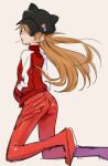  1girl absurdres black_headwear bodysuit brown_background evangelion:_3.0_you_can_(not)_redo eyepatch from_side hands_in_pockets highres jacket looking_at_viewer looking_to_the_side motomura_kouichi neon_genesis_evangelion orange_hair plugsuit rebuild_of_evangelion red_bodysuit red_jacket simple_background solo souryuu_asuka_langley track_jacket 