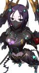  1girl absurdres armor black_eyes breasts fate/grand_order fate_(series) highres japanese_armor katana looking_at_viewer mask minamoto_no_raikou_(fate) mouth_mask navel parted_bangs purple_hair shiroshisu short_hair small_breasts solo sword weapon 