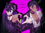  2boys ;) animal_ear_piercing animal_ears aragami_oga barbell_piercing belt black_belt black_collar black_corset black_hair black_hoodie black_jacket black_nails black_pants collar corset cropped_jacket cross-laced_clothes curtained_hair dark-skinned_male dark_skin earrings eyewear_on_head fingernails gimmexgimme_(vocaloid) green_eyes green_hair green_nails hair_behind_ear hair_between_eyes hand_on_own_hip hand_up heart heart_hands heart_hands_duo high-waist_pants highres holding holostars hood hood_down hoodie horns jackal_boy jackal_ears jackal_tail jacket jewelry kageyama_shien lapels leash looking_at_viewer mafia_(holostars) male_focus midriff_peek momiage_40 multicolored_hair multicolored_nails multiple_boys multiple_rings nail_polish nail_polish_bottle notched_lapels o-ring_collar off_shoulder official_alternate_costume one_eye_closed open_clothes open_jacket pants parted_lips partially_unbuttoned pectoral_cleavage pectorals piercing pink_background purple-tinted_eyewear purple_nails ring round_eyewear sharp_fingernails shirt short_hair single_horn smile spotlight streaked_hair swept_bangs tail tinted_eyewear two-tone_hair upper_body virtual_youtuber visor_cap white_hair white_pants white_shirt yellow_eyes zipper zipper_pull_tab 