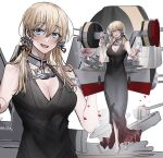  1girl alternate_costume anchor_hair_ornament aqua_eyes black_dress blonde_hair breasts choker cleavage commission cup dress drinking_glass full_body gun hair_ornament high_heels highres ichimonme_(ichi) kantai_collection large_breasts long_hair looking_at_viewer low_twintails multiple_views prinz_eugen_(kancolle) simple_background solo turret twintails weapon white_background white_footwear wine_glass 