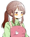  1girl :t alpha_transparency alternate_hair_color apron argyle argyle_sweater arms_at_sides averting_eyes blush brown_hair colorized commentary dot_nose english_commentary green_sweater half_updo kubo-san_wa_mob_wo_yurusanai kubo_nagisa long_hair looking_to_the_side pink_apron ponytail pout purple_eyes sidelocks solo sweater swept_bangs third-party_edit turtleneck turtleneck_sweater upper_body we_cry_open yukimori_nene 