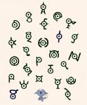  :o black_eyes highres leg_up no_humans open_mouth pokemon pokemon_(creature) simple_background standing standing_on_one_leg tyako_089 unown white_background wooper 