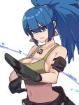  1girl arm_pouch bare_shoulders blue_eyes blue_hair breasts crop_top dog_tags earrings gloves highres irc14786149 jewelry leona_heidern navel ponytail sleeveless soldier solo standing tank_top the_king_of_fighters the_king_of_fighters_xv triangle_earrings yellow_tank_top 