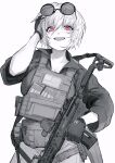  1girl absurdres alma01 american_flag assault_rifle blush breast_press breasts cleavage collar collarbone eotech eyelashes eyeliner eyewear_on_head fanny_pack gloves gun gun_sling highres holding holding_gun holding_weapon holster jacket large_breasts laser_sight looking_at_viewer magazine_(weapon) makeup open_mouth optical_sight original rifle sharp_teeth simple_background sleeves_rolled_up smile solo sunglasses sweat sweatdrop teeth thigh_holster weapon white_background white_hair 