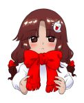  1girl bakebake_(touhou) blush bow bowtie brown_eyes brown_hair closed_mouth frown hair_ornament hair_ribbon looking_at_viewer low_twintails nonamejd official_style parted_bangs puffy_sleeves red_bow red_bowtie red_ribbon ribbon rika_(touhou) simple_background solo touhou touhou_(pc-98) twintails upper_body white_background zun_(style) 