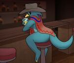 2024 absurd_res alcohol anthro bar bar_stool beak beverage blue_body bottomless bottomless_female breasts butt clothed clothing countershading cowboy_hat eyelashes female furniture generation_1_pokemon golduck hat headgear headwear hi_res inside lily_(otterjunk) nintendo otterjunk pokemon pokemon_(species) poncho poncho_only sitting solo stool tagme tail