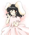  1girl ;d animal_ears black_hair blush_stickers dress flat_chest floppy_ears hand_up inaba_tewi medium_hair nonamejd official_style one_eye_closed pink_dress puffy_short_sleeves puffy_sleeves rabbit_ears rabbit_girl red_eyes short_sleeves smile solo teeth touhou upper_teeth_only zun_(style) 