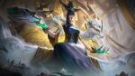  1girl black_hair breasts cowboy_shot detached_sleeves dragon dress eastern_dragon english_commentary flower fog hair_between_eyes hand_fan highres holding holding_fan indoors league_of_legends league_of_legends:_wild_rift long_hair looking_at_viewer lunar_empress_morgana medium_breasts morgana_(league_of_legends) official_alternate_costume official_alternate_hairstyle official_art parted_lips pointy_ears purple_eyes sidelocks sitting solo thrown 